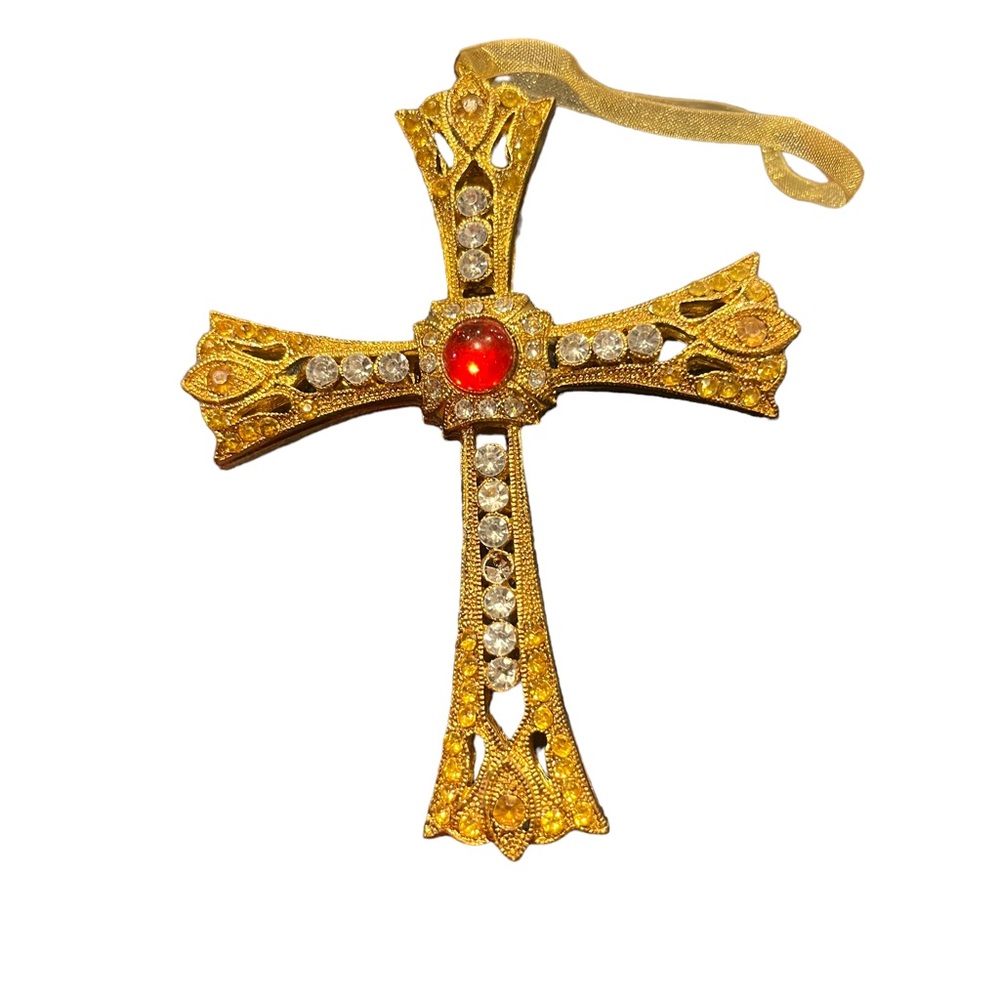 Christmas Rhinestone Ornament, Ornate Gold Metal Jeweled Religious Cross